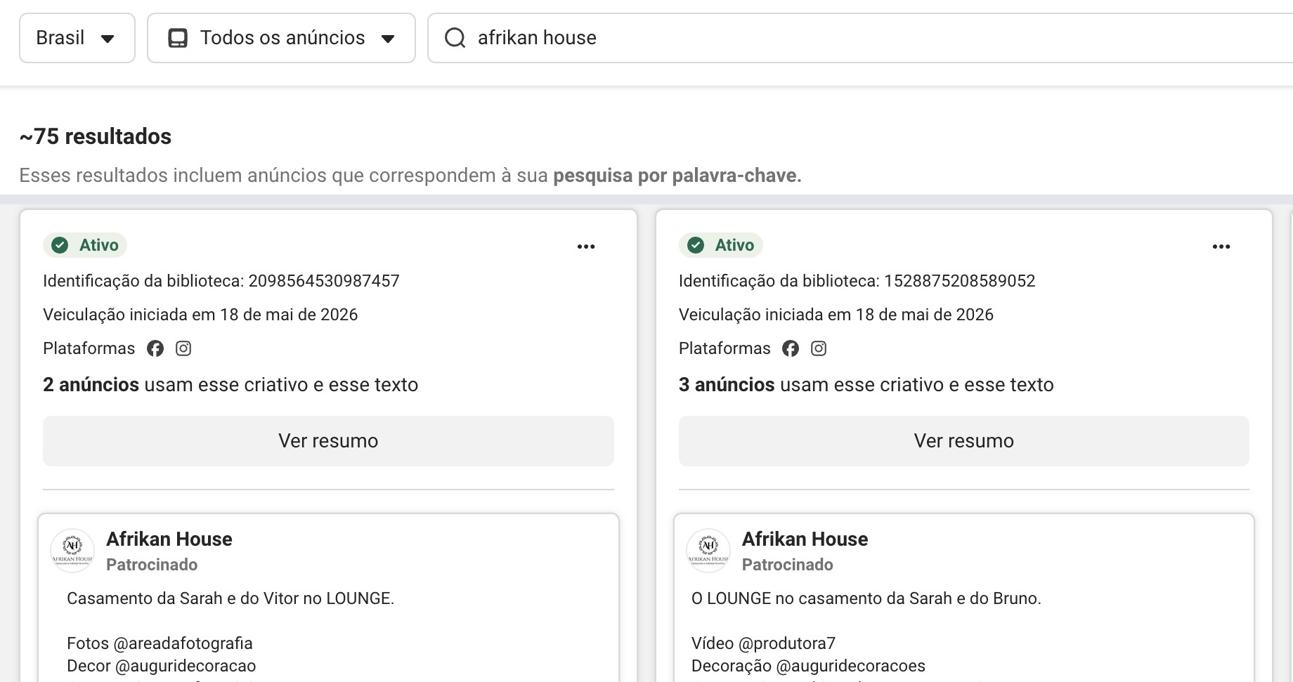 Biblioteca de Anúncios com anúncios da Afrikan House
