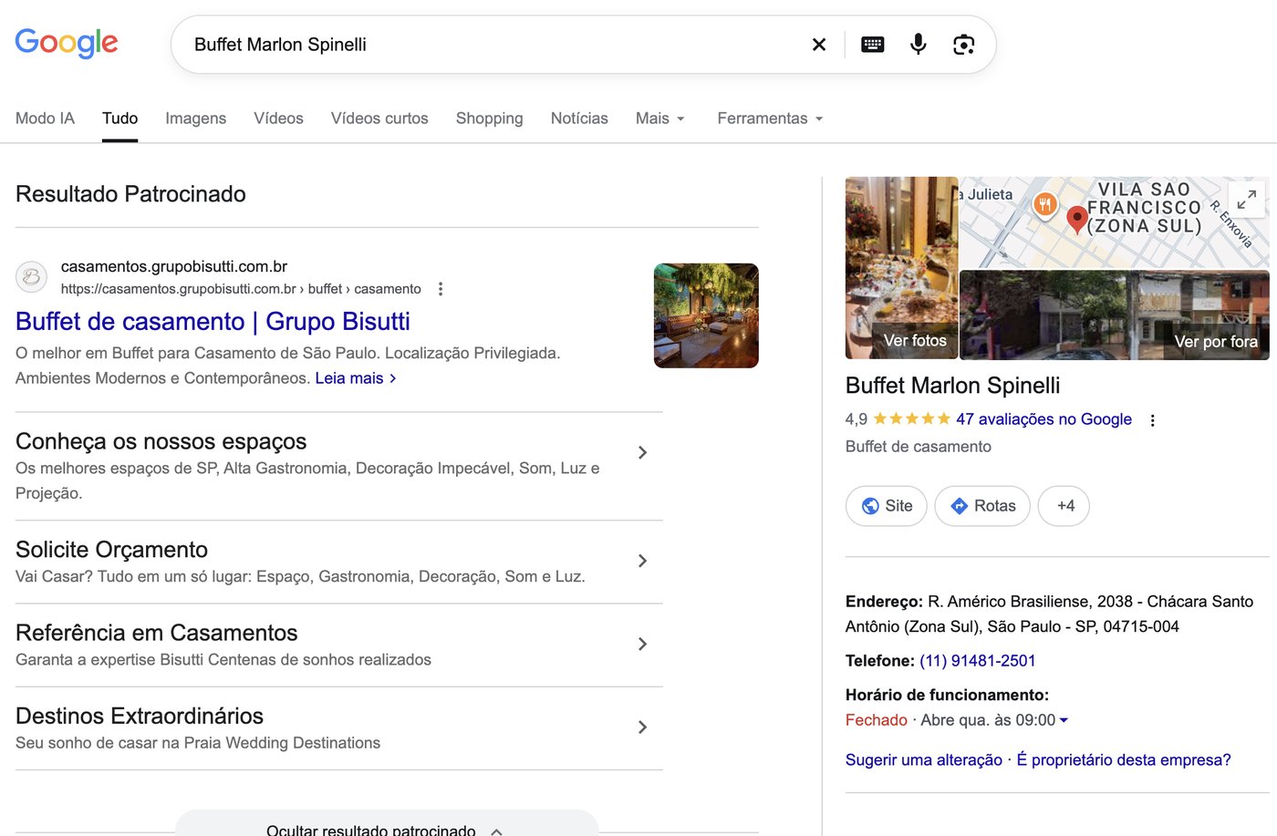 Busca pelo nome do buffet no Google